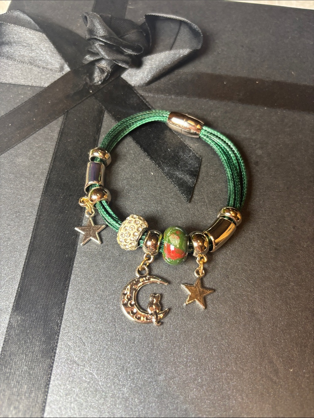 Gold Charm Green Cord Bracelet - Elegant Star & Moon Dangles